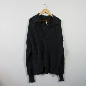 Free People Marlie Pullover Sweater Women L Black Cotton Acrylic Ribbed Knit